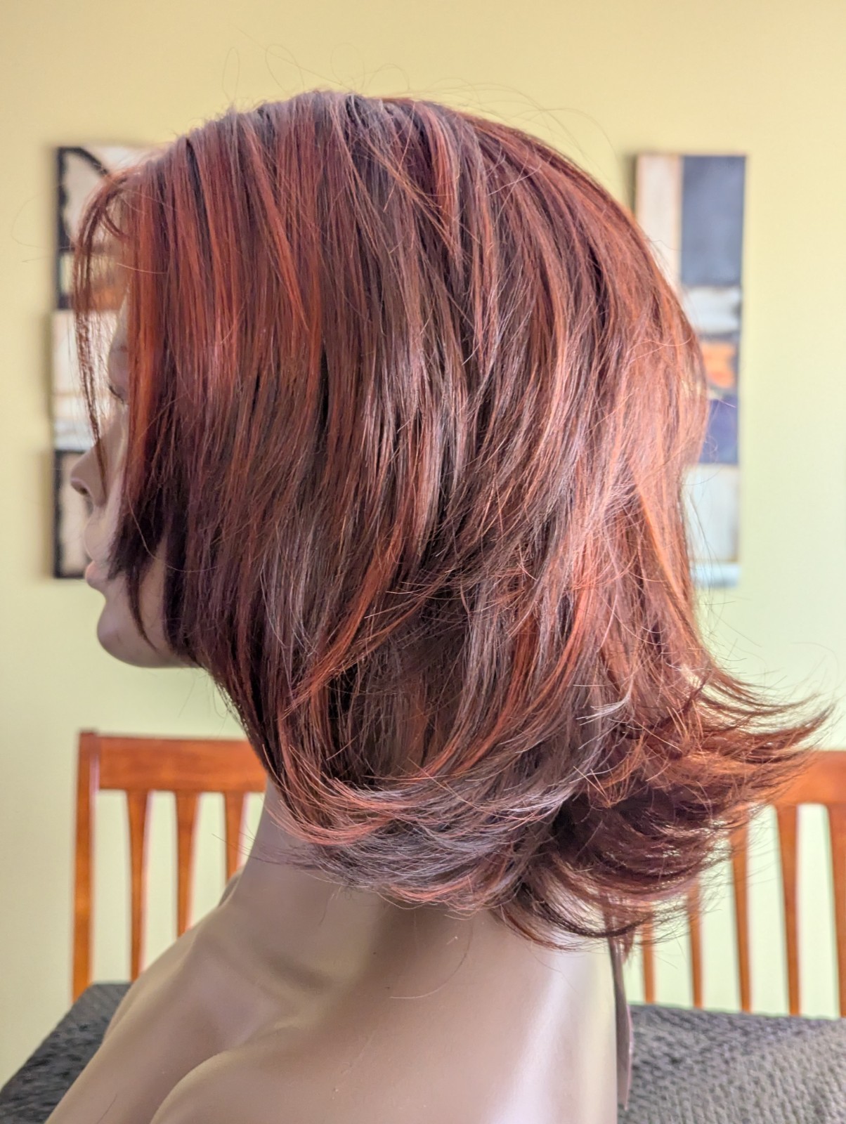 Mid Length Synthetic Layer Cut Wig Color Bright Auburn 33/130 Partial Skin Top