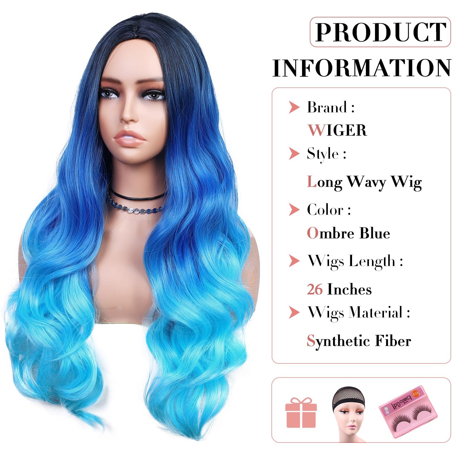Long Blue Wavy Wigs for Women Ombre Blue Body Wave Mermaid Hair Wigs Long Cur…