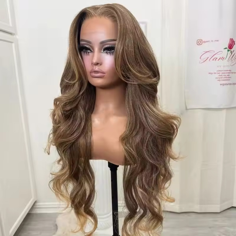 Ombre Caramel Brown Highlights Lace Front 100% Human Hair Wigs 200% Density