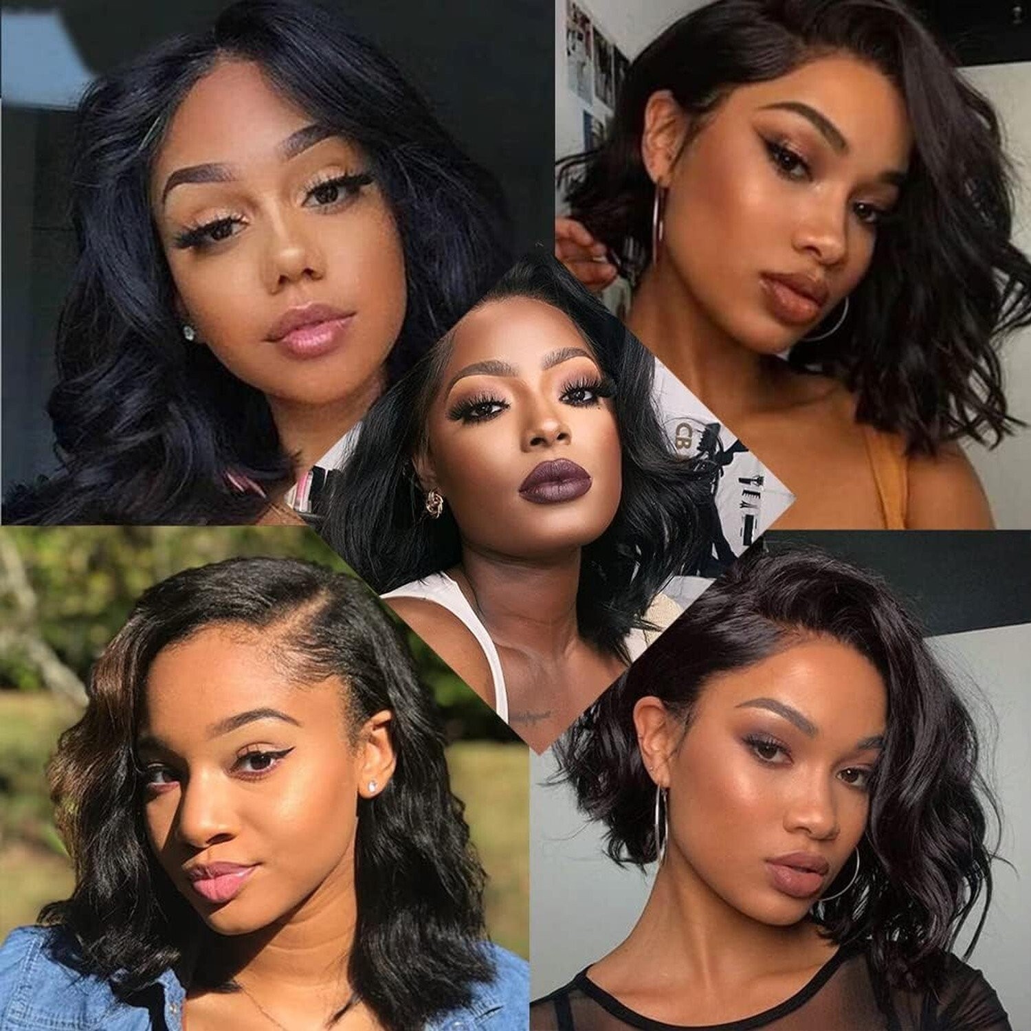 14″ Brazilian Bob Wigs Human Hair Natural Black Wave Lace Front Glueless Wigs