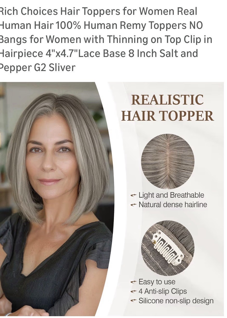 Rich Choices Hair Topper For Women-100% Human Hair-No Bangs-Salt And pepper