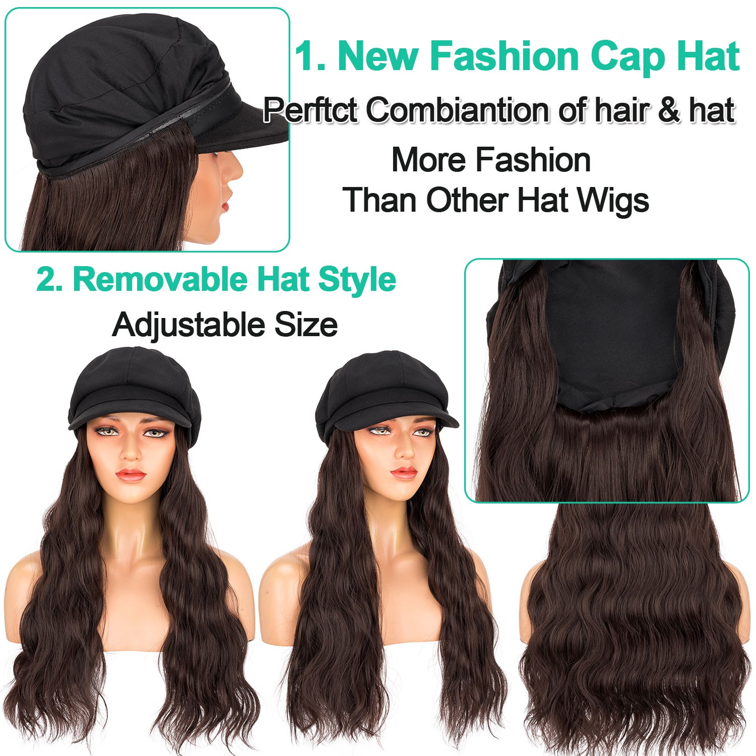 Fashion Wavy Hair Extensions With Attached Black Beret Hat Synthetic Hairpiece M