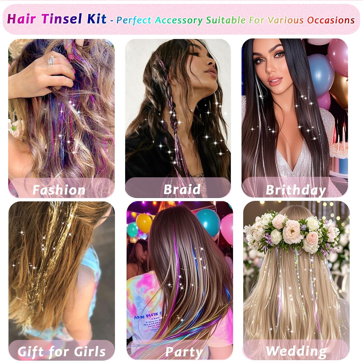 Hair Tinsel Extensions 24 Colors 9800 Strands 48in Kit