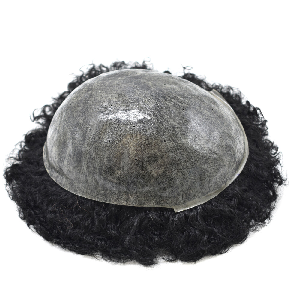 Afro Curl Mens Toupee Poly Skin Hair System Replacement for Men Breathable Holes