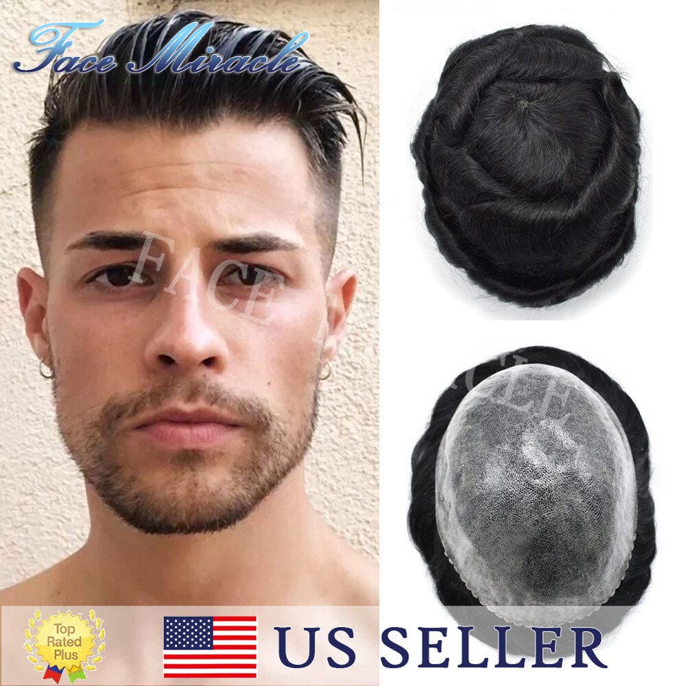 Toupee for Men Human Hair Replacement System All Poly Hair Piece Mens Toupee