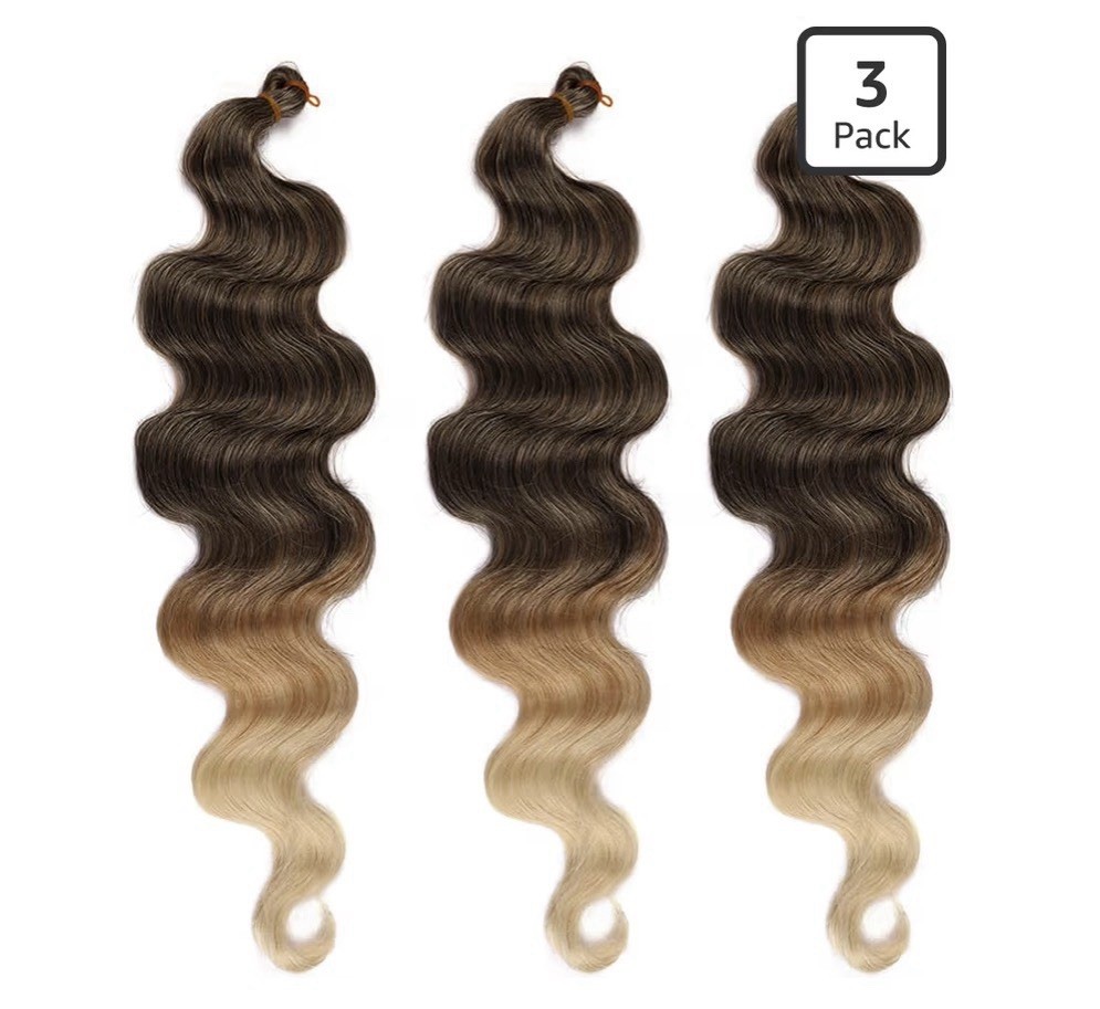 3 Pack Body Wave Synthetic Hair Extensions 22 Inch Long, Brown ombré