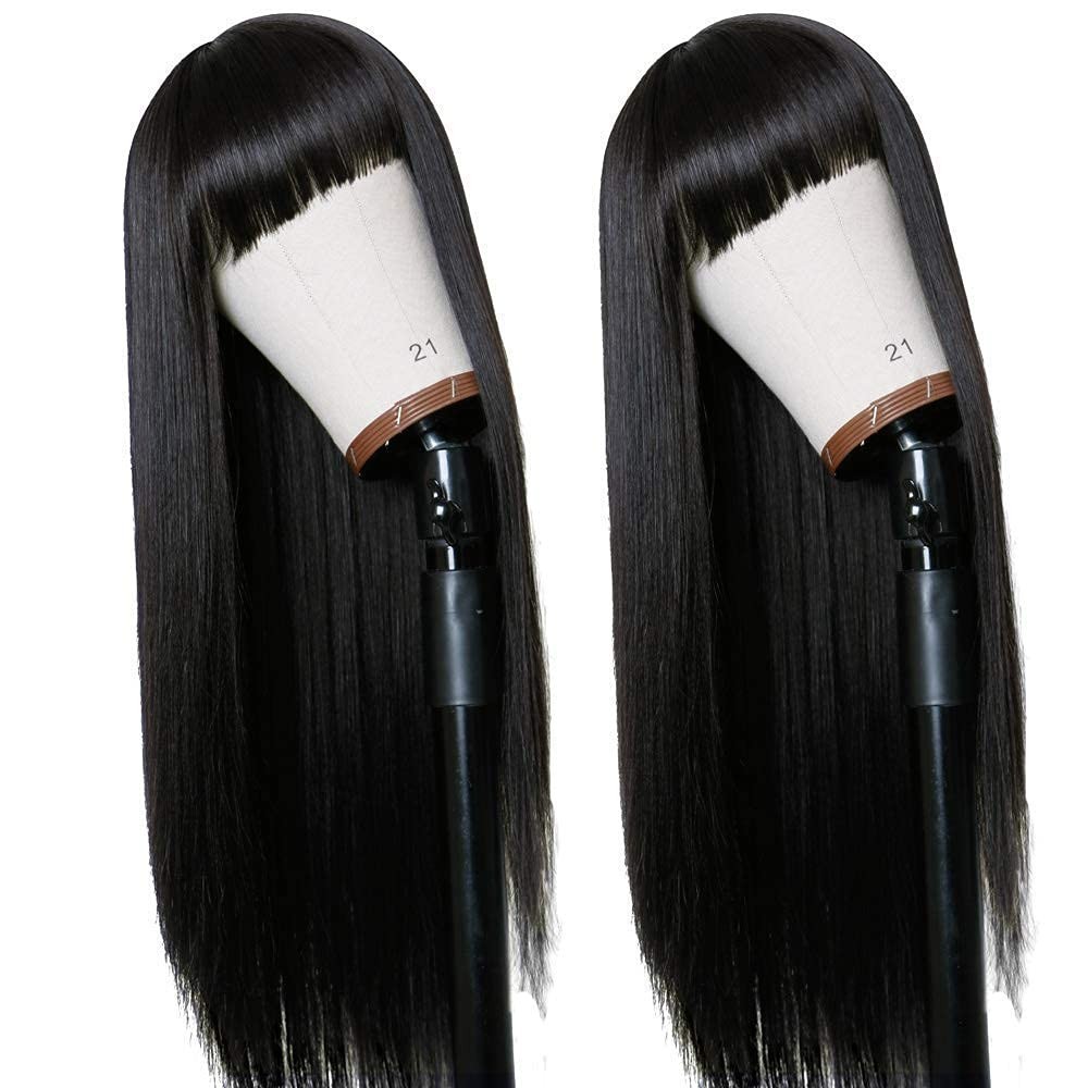 Full Machine-Made 24-Inch Natural Black Wig with Bangs – Versatile & Comfortable