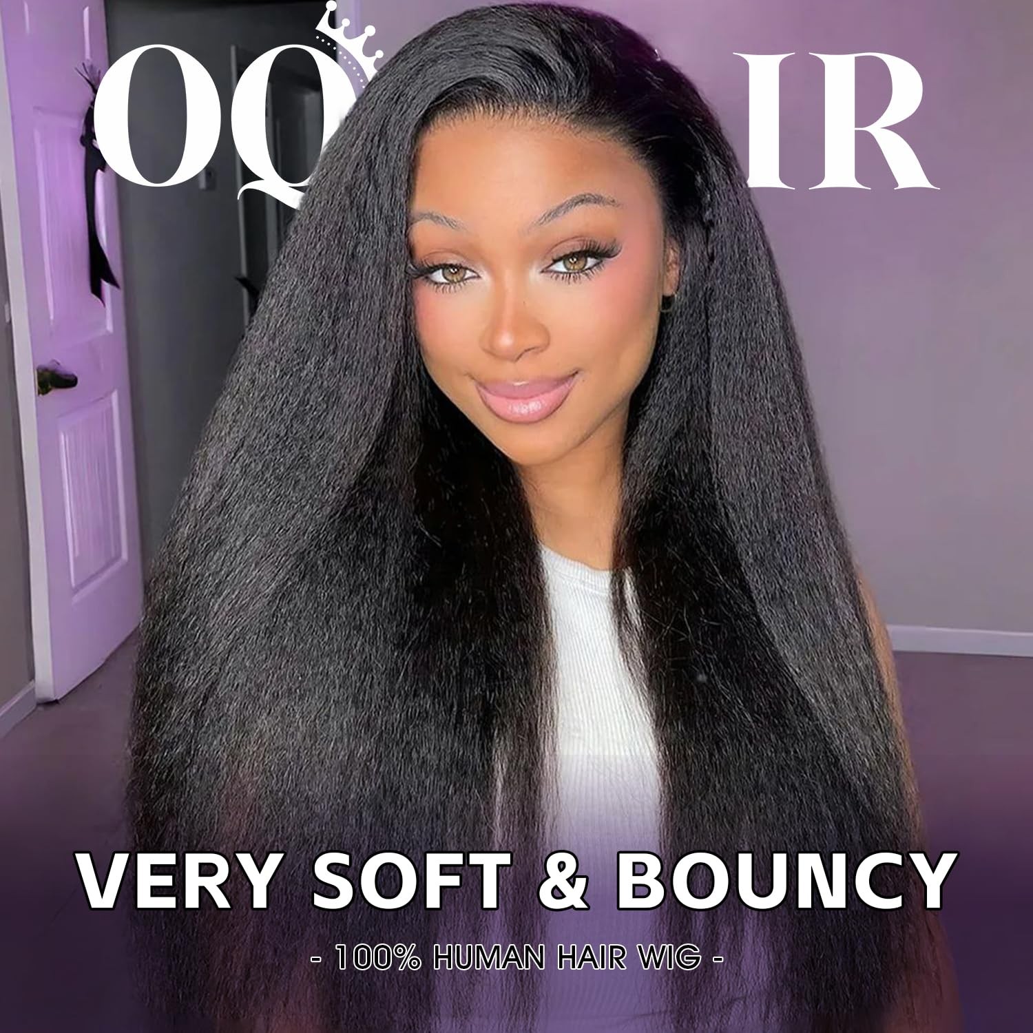 Oq Hair Kinky Straight Half Wig Human Hair Adjustable Drawstring 180 Density 3