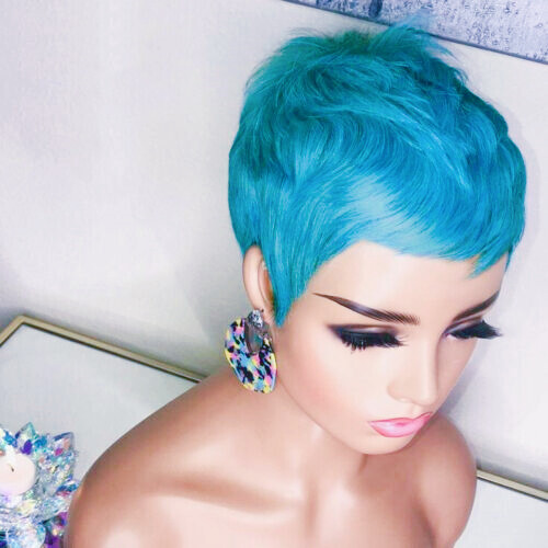 Women Short Blue Black Purple Wigs Pixie Cut Wave Hair Party Wigs Synthetic Hair
