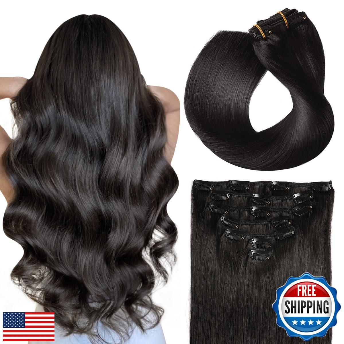 SUYYA Real Human Hair Clip in Extensions – 7 Pcs Straight Remy Human Hair Cli