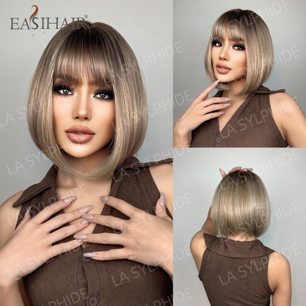 Brown Ombre Golden Short Straight Bob Wig Heat Resistant Synthetic Full Head