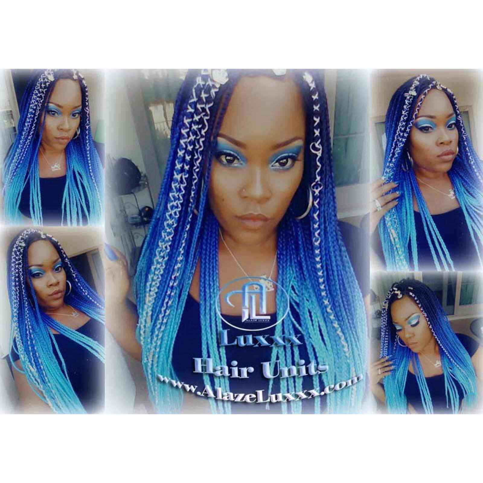 Blue Black Lace Closure Ombre Blue Mermaid Hair Box Braids Wig Multi Color
