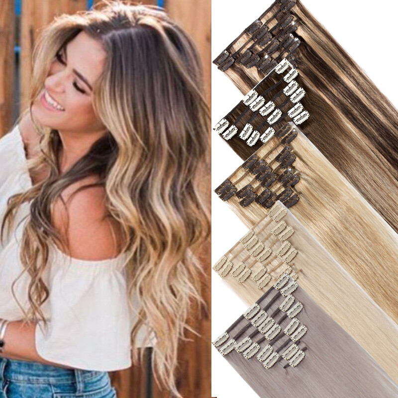 8pieces Clip In Human Hair Extensions 100% Real Soft Weft Full Head 8″-24″ Ombre