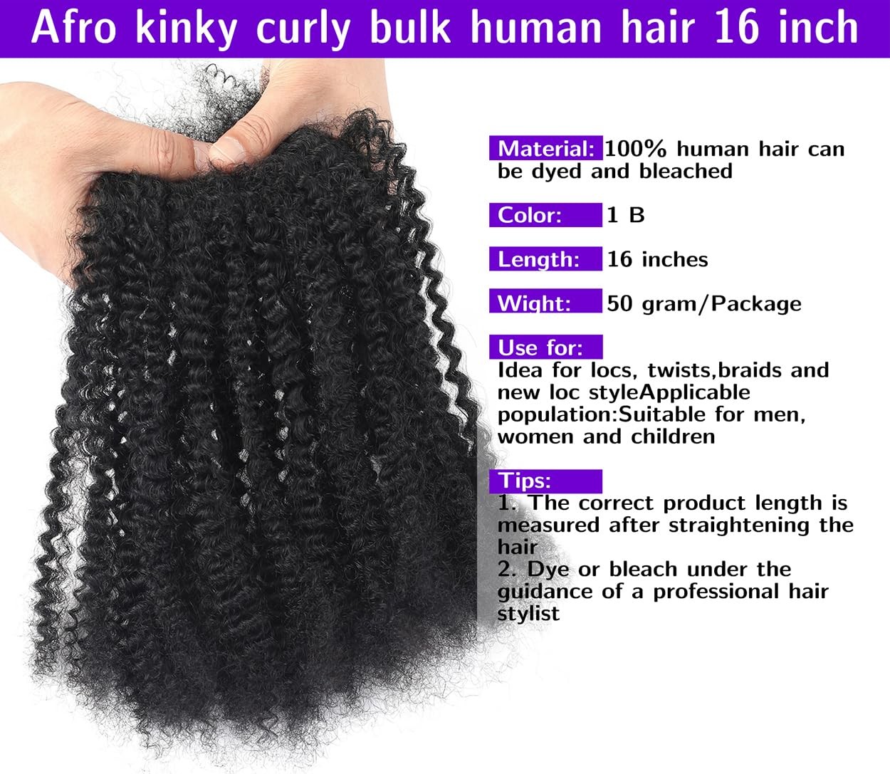 16 Inch Afro Kinky Curly Human Hair Bulk for Permanent Micro Locs/Twists/Brai…