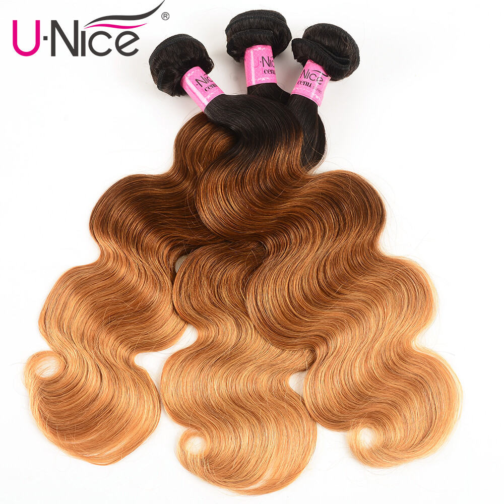 UNice Cambodian Ombre Brown Body Wave 3 Bundles Human Hair Weave Hair Extensions