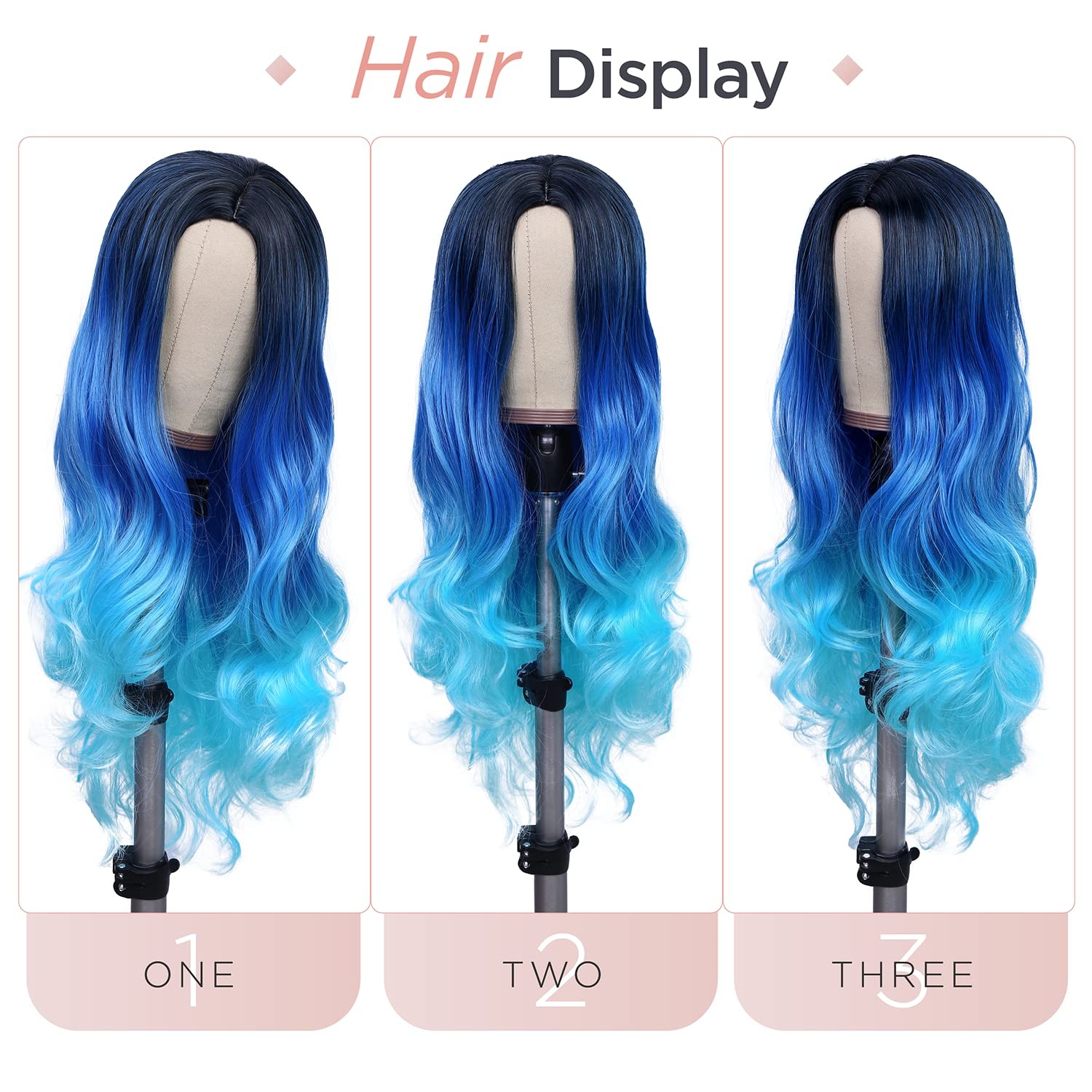 Long Blue Wavy Wigs for Women Ombre Blue Body Wave Mermaid Hair Wigs Long Cur…