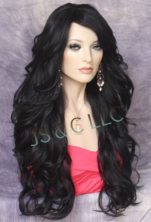Long Off Black Human hair Blend Full Wig Goregeous wavy Heat OK WBVA 1B