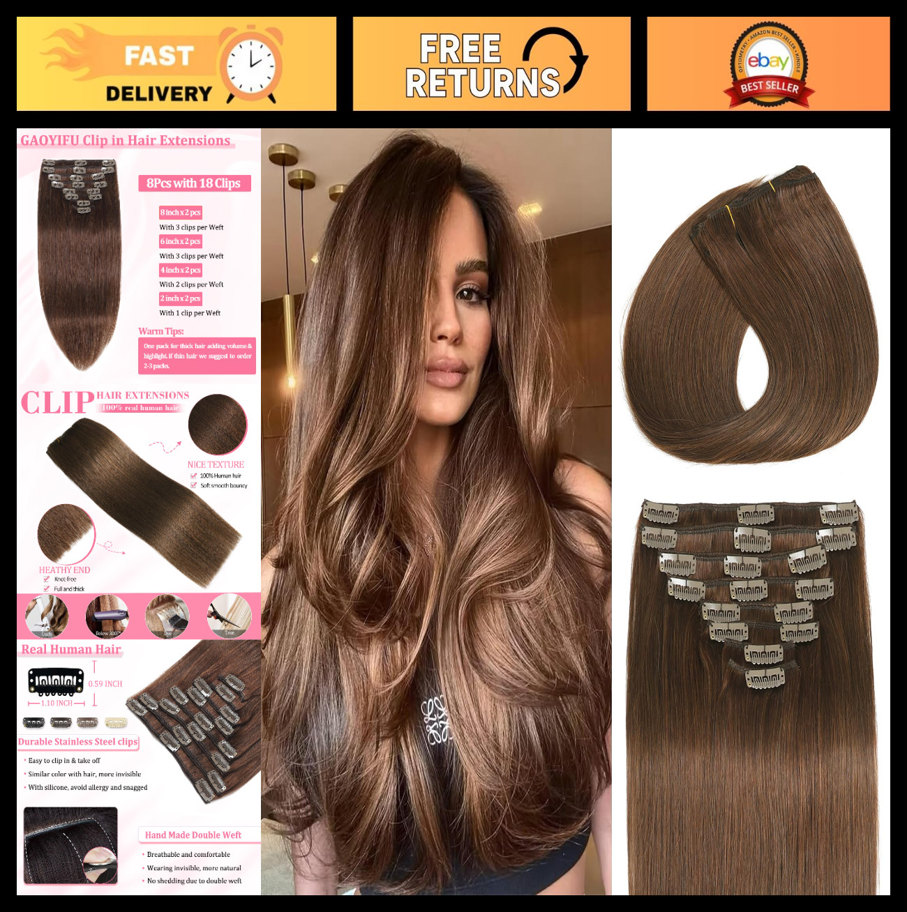 Seamless Clip-in Hair Extensions, Real Human Hair, 24″ Chocolate Brown, 120g, 8P