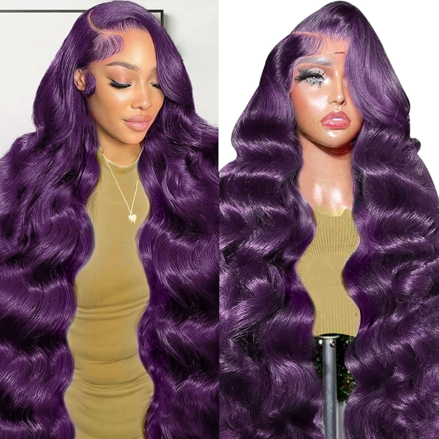 Dark Purple Human Hair Wig 13X6 Body Wave Deep Purple Lace Front Wig Pre Plucked