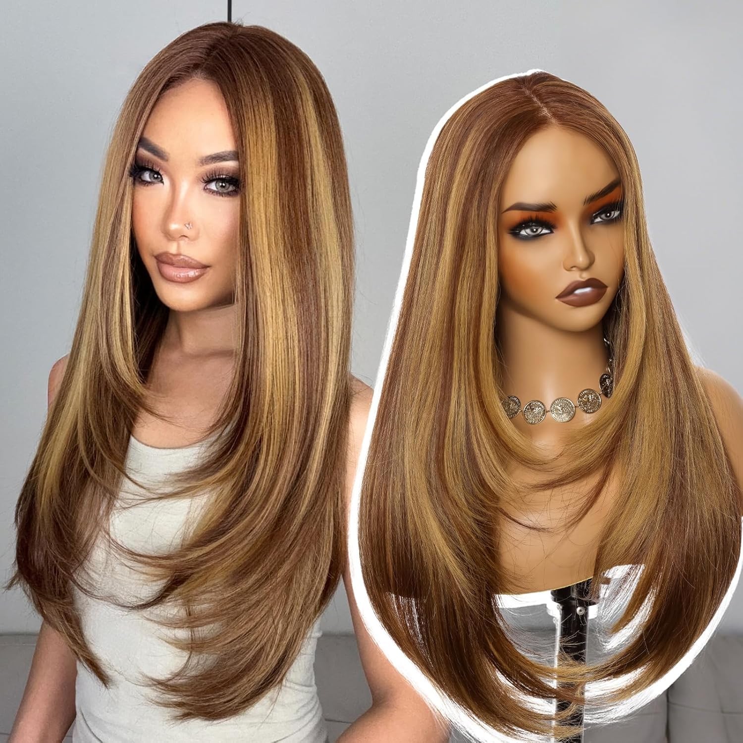 Highlight Linen Brown Lace Front Wig 26 Inch – 13×4 HD Lace Layered Wigs for …