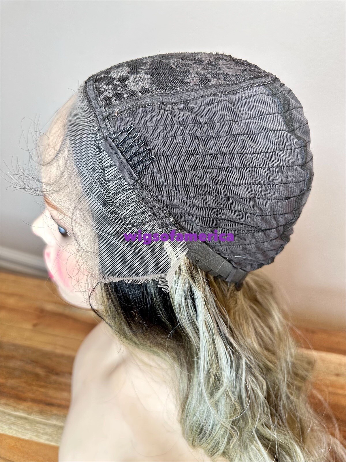 Ash white light greenish Wig black middle part lace front 22 inch long heat ok