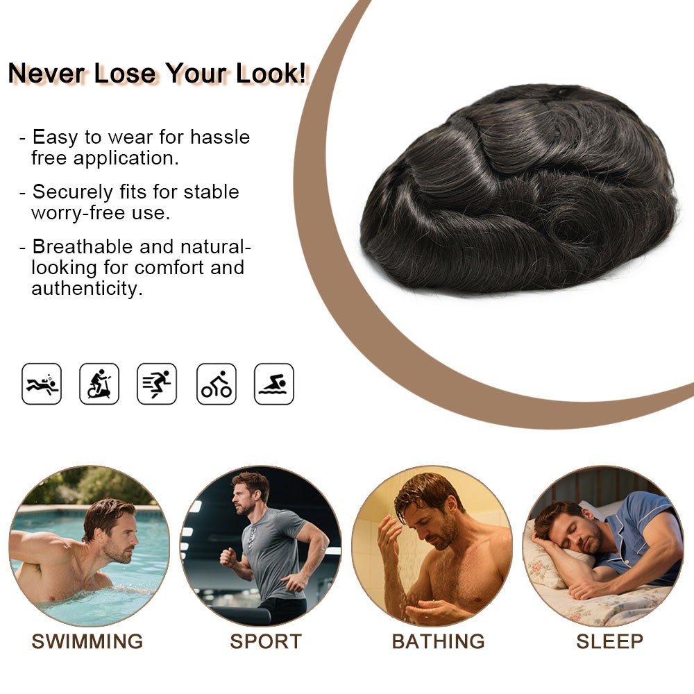 Toupee for Men 0.1MM Thin Skin PU Mens Toupee Human Hair System Mens Hair Piece