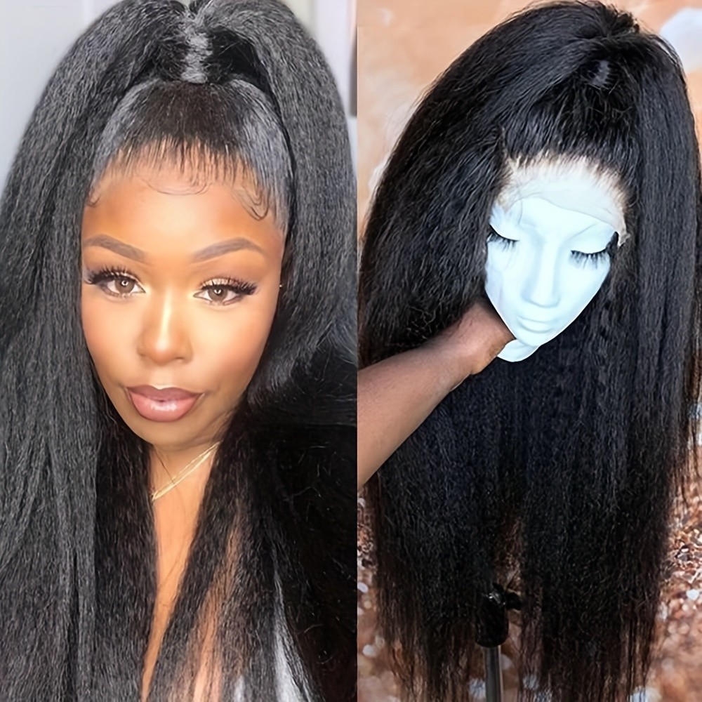 Kinky Straight Long Black Lace Front Wigs Women Daily Use Pre Plucked Hairline
