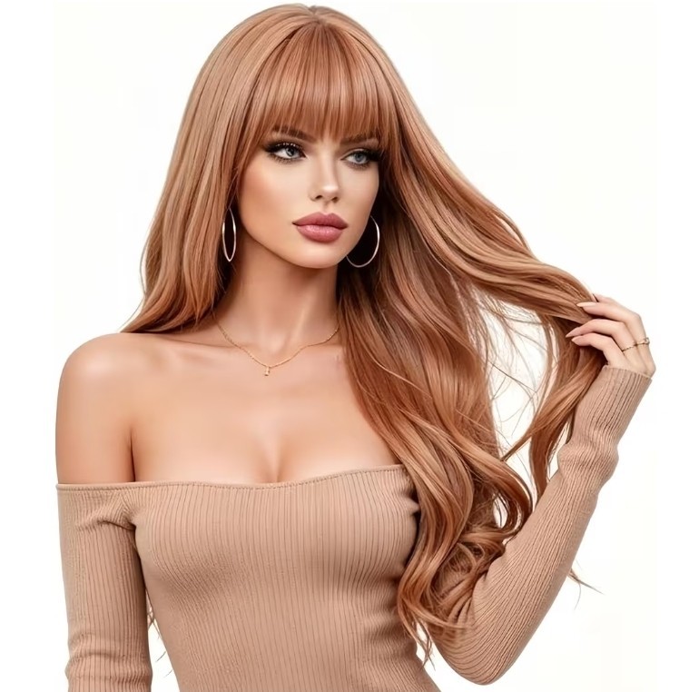 Long Strawberry Blonde Auburn Red Full Wig Human Hair blend layers bangs