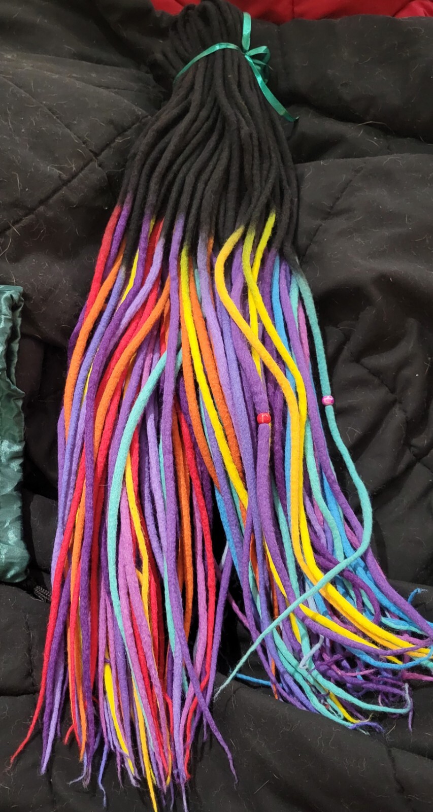 Wool dreads black to yellow, red, blue, orange, purple, lavender “Rainbow” ombre
