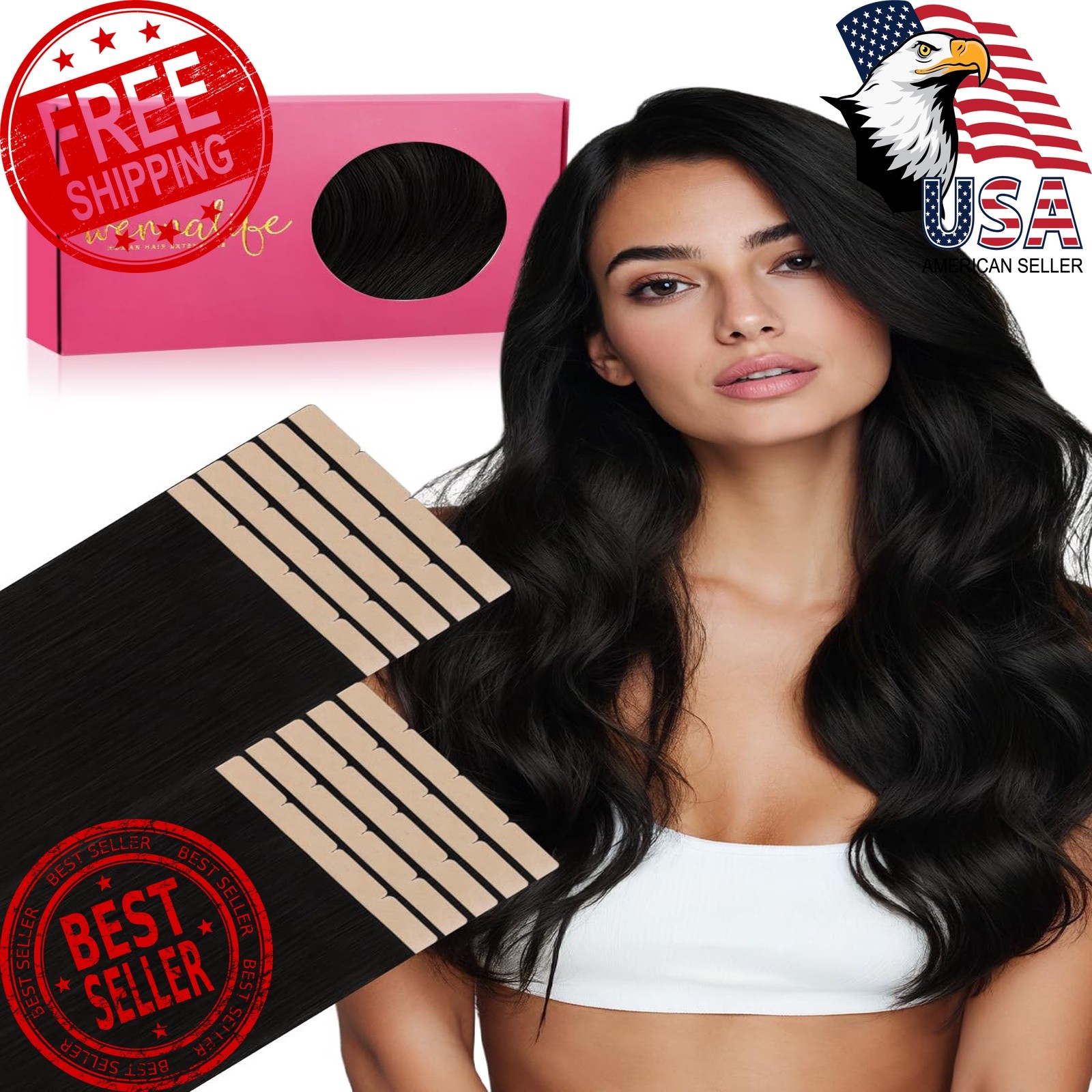 Wennalife 8cm 14″ 50g 10pc Jet Black Tape In Hair