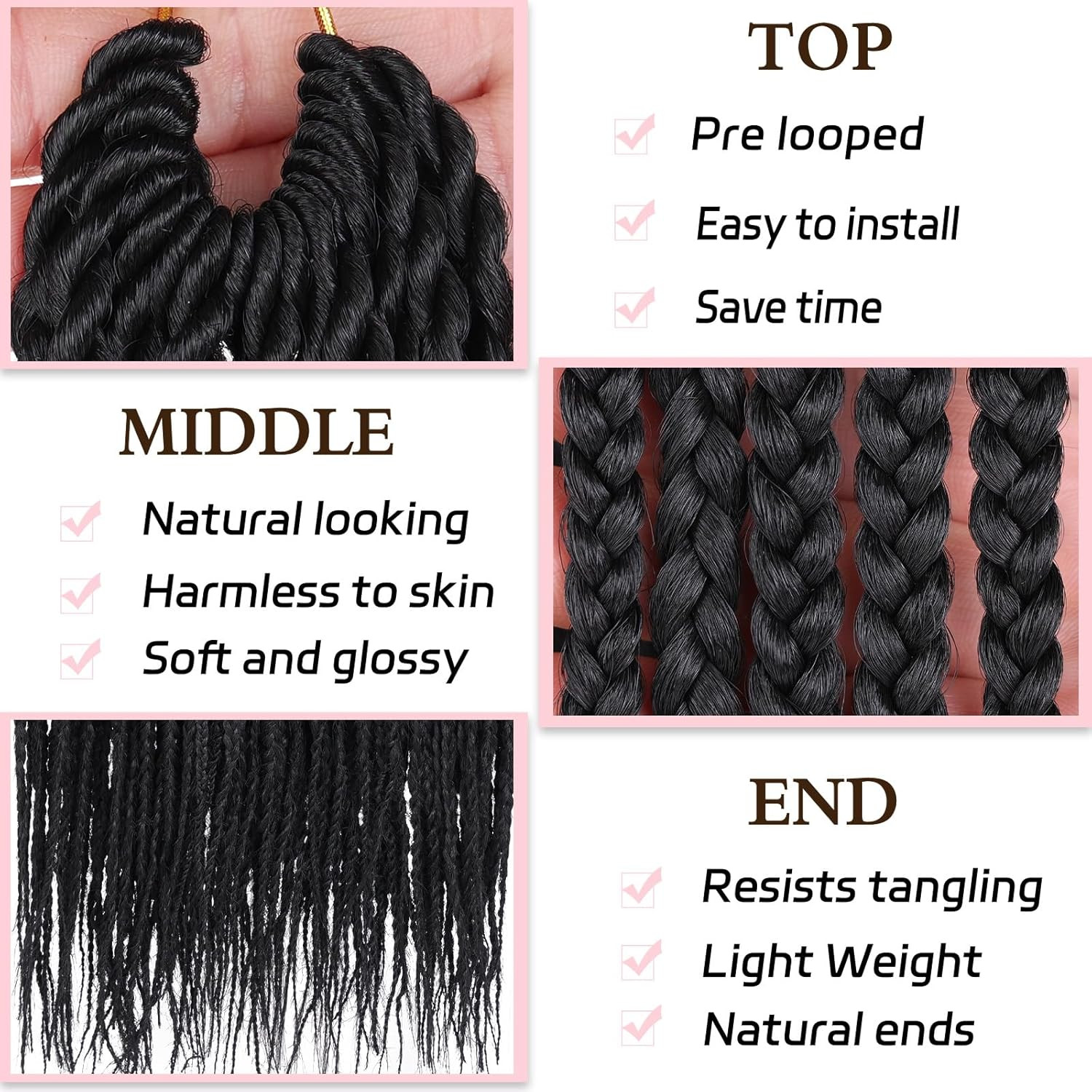 8 Packs 24 Inch Box Braids Crochet Hair Pre-Looped Knotless Medium 3X