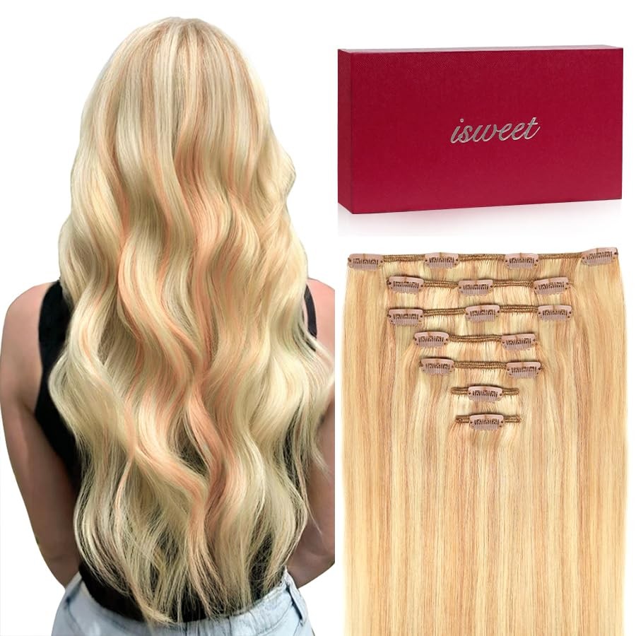 7Pcs Clip-in Hair Extensions Real Human Hair 12 Inch 80g Ash Blonde Highlights B