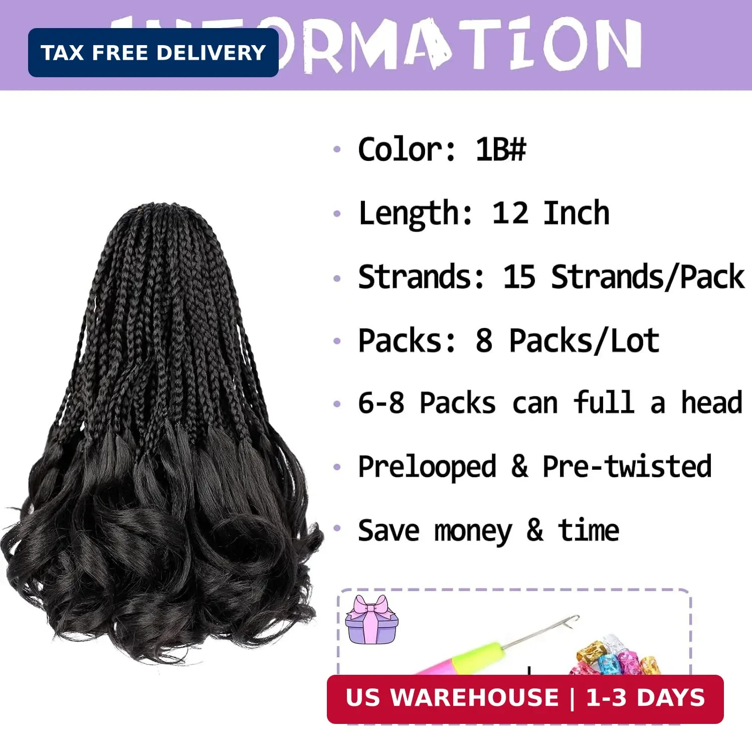 French Curl Crochet Braids 12 Inch Goddess Box Braids Crochet Hair 8 Packs Pre L