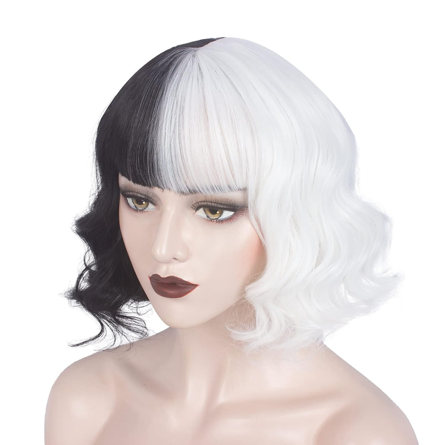WeKen Short Half Black White Wig woman teen wavy bangs cosplay stage costume
