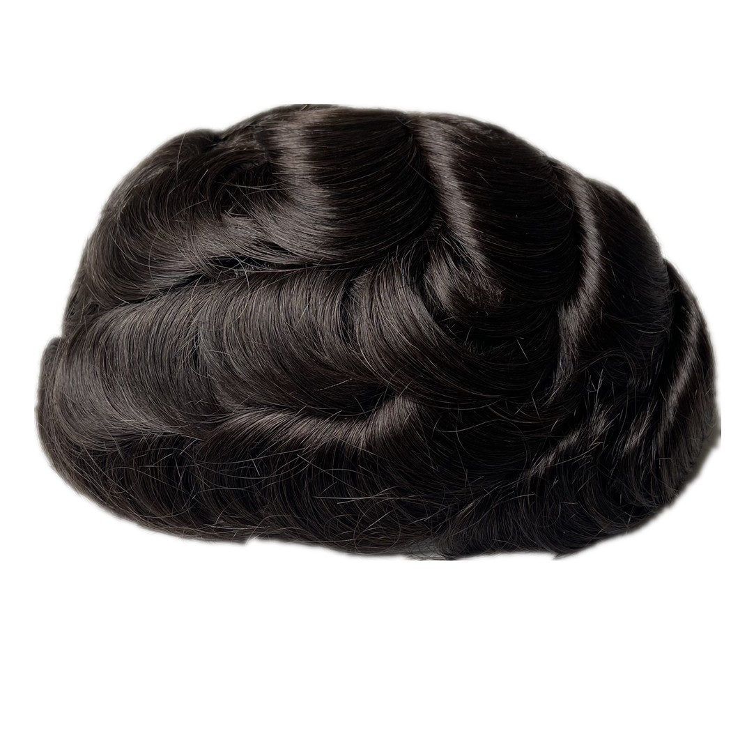 Mens Toupee Human Hair Replacement System French Lace Skin Back Hairpiece #1B