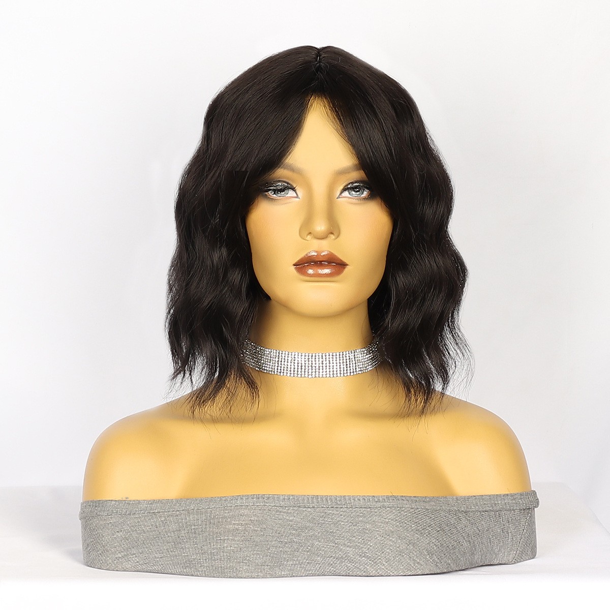Side Swept Bangs Water Wave Short Wig Heat Resistant Synthetic Full Head Wig