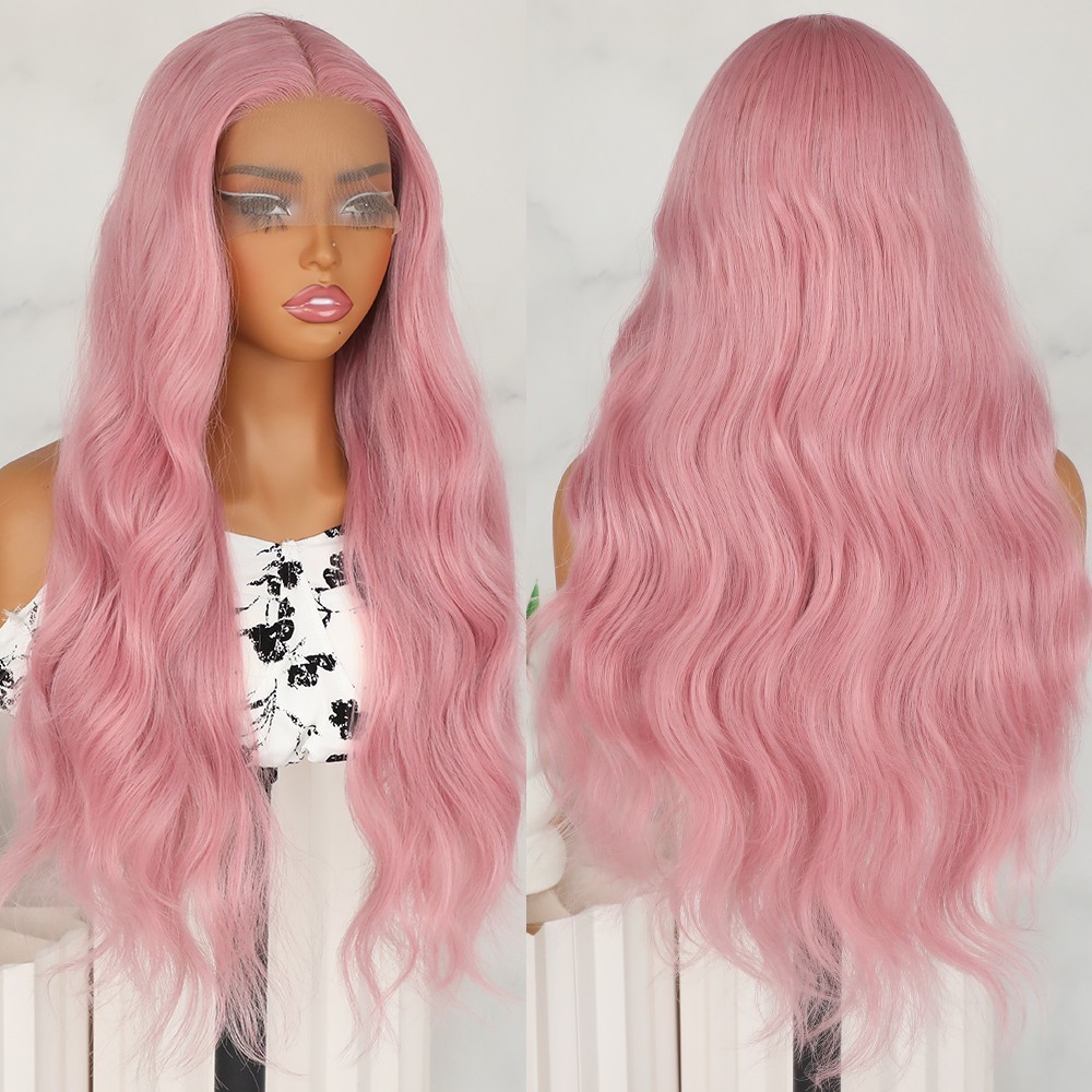 Long Wavy Pink Lace Front Wigs Heat Safe Middle Part Body Wave Hair Women Party