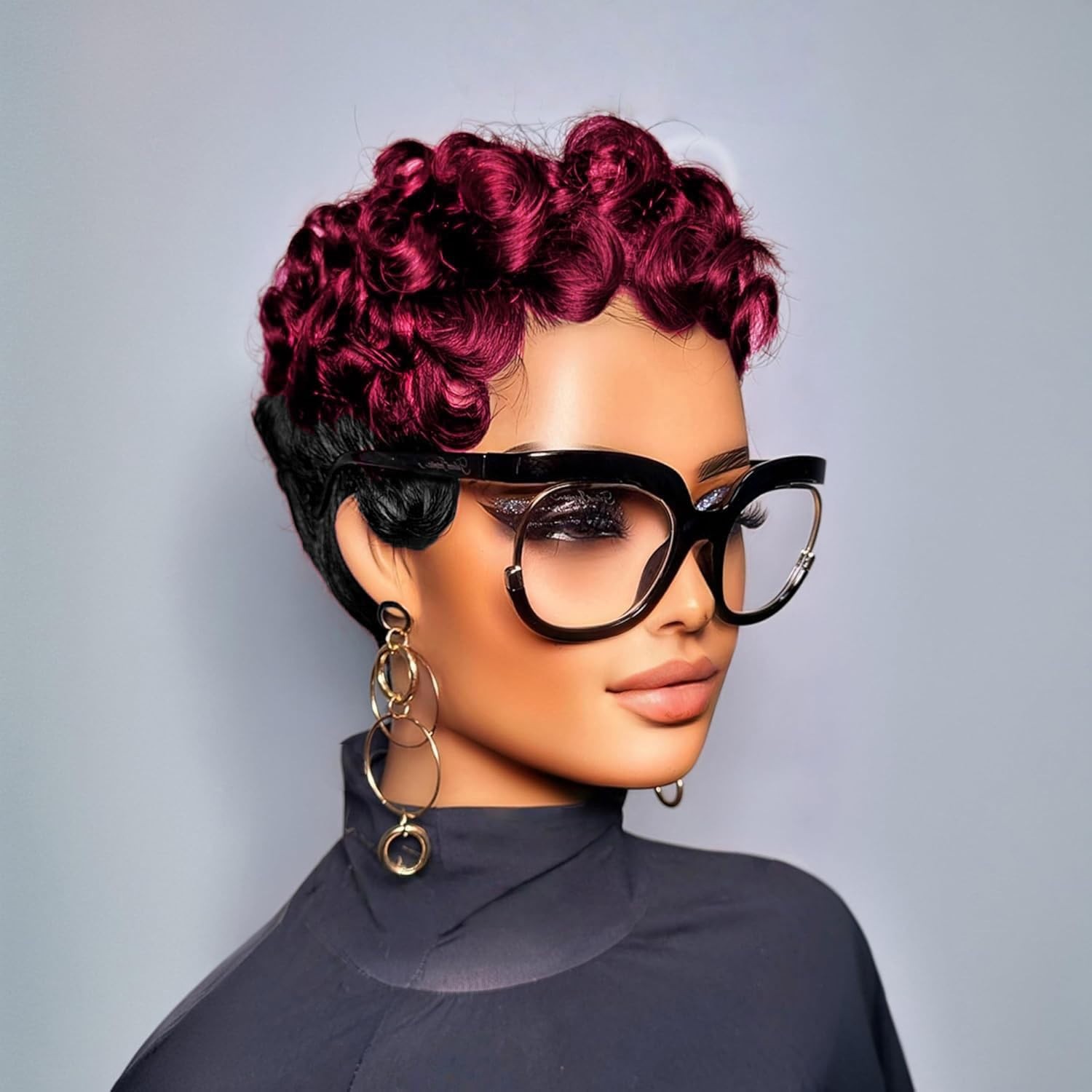 Short Curly Pixie Cut Wig Human Hair Burgundy Black Ombre 1B/99J