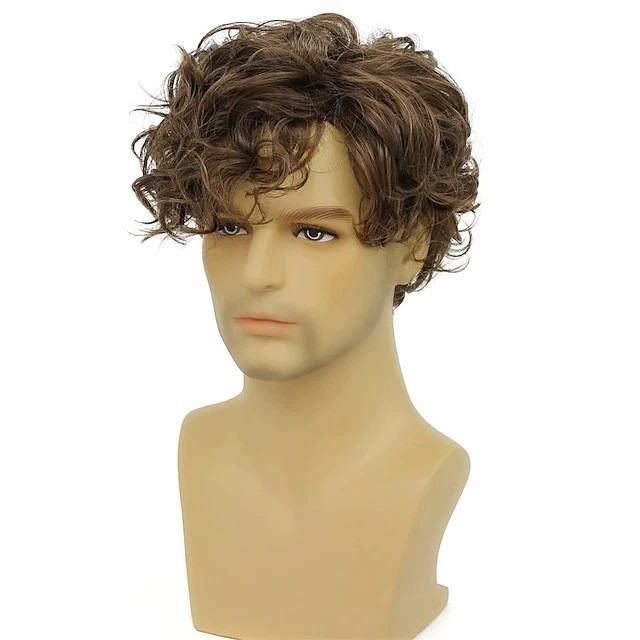 Men’s Short Curly Brown Synthetic Wig Natural Fluffy Wavy Hair with Bangs
