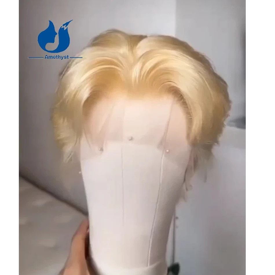 #613 Blonde Short Cut Men’s Wig Brazilian Remy Human Hair 13×4 Lace Front Wig