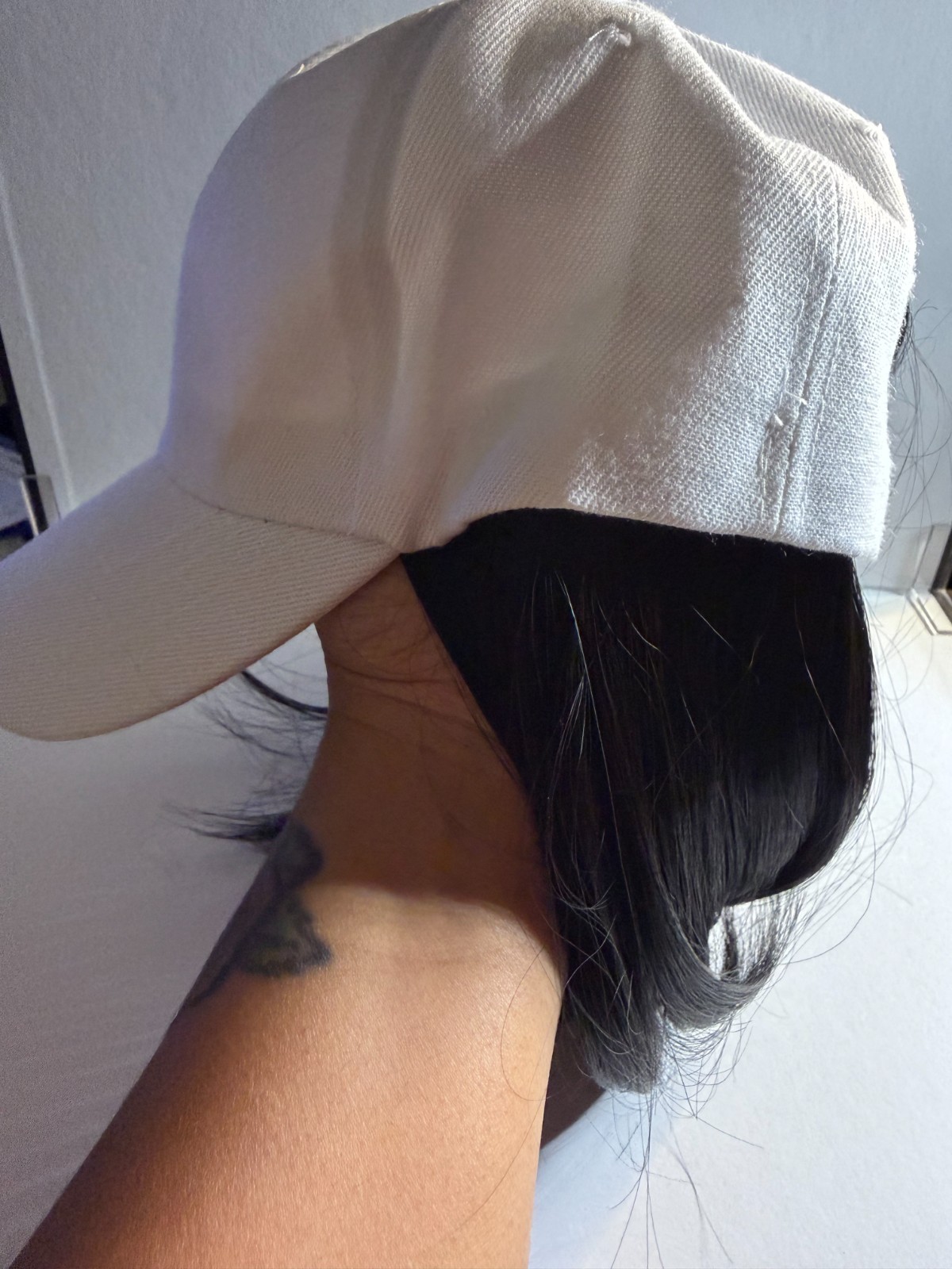 White Hat Wig with Black Hair | Adjustable Baseball Cap Wig | Easy Everyday