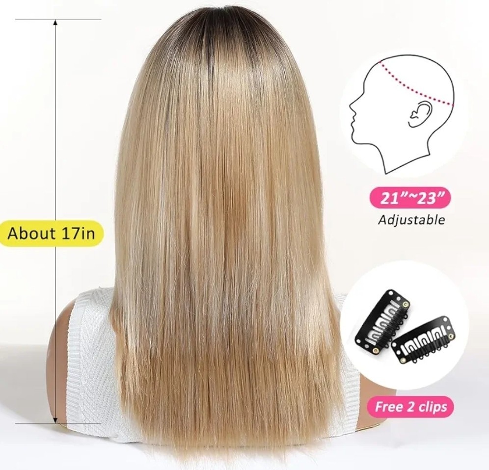 Blonde Wig – Human Hair Blend Short Straight Layers Bangs