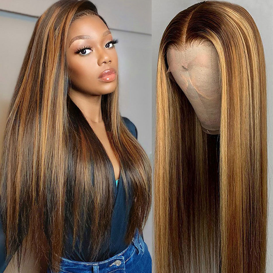 Highlight Wig Brazilian Straight Human Hair Full Wigs Ombre Brown Honey Blonde