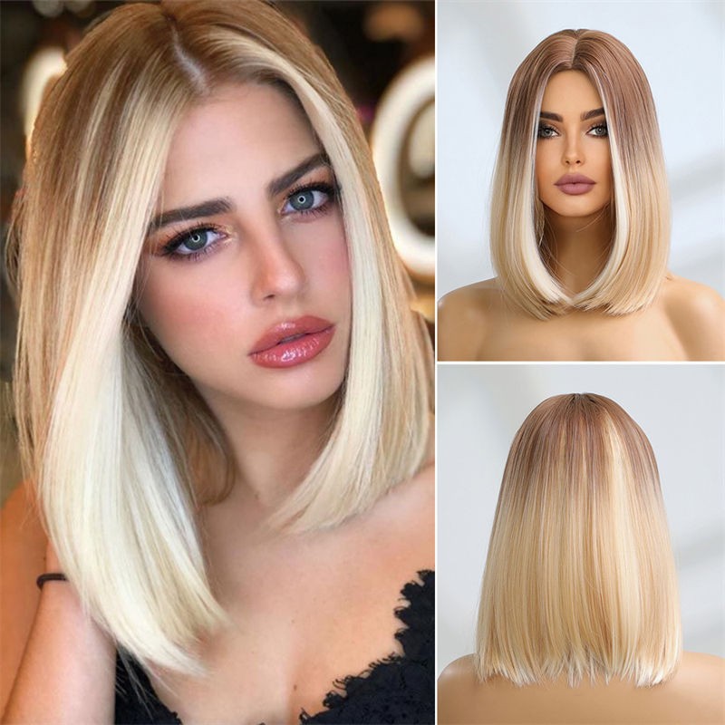 Women Fashion Short Hair Wig Pink Bobo Full Head Cover Straight Bangs Gradient