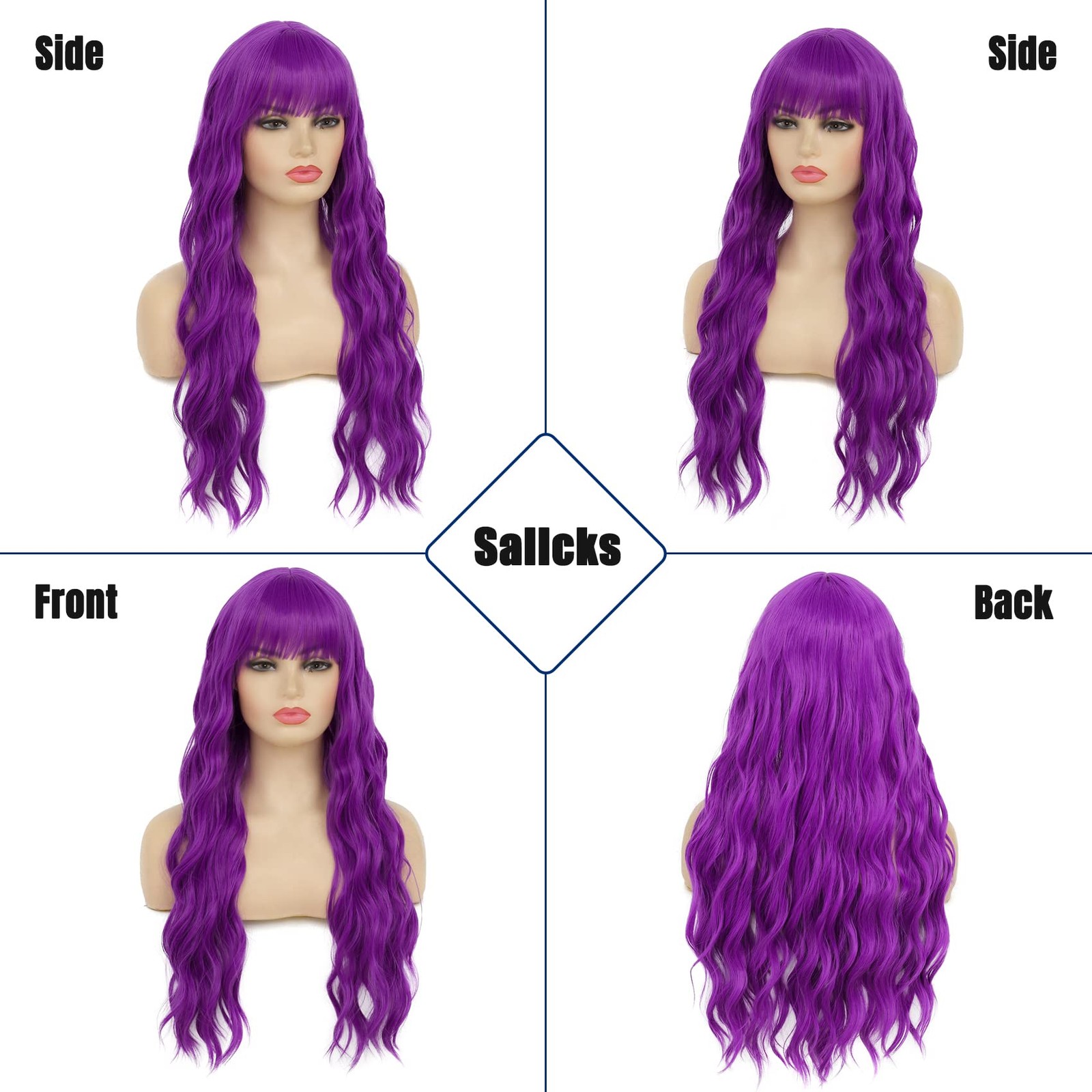 Womens Long Curly Wavy Wig Purple Wigs with Bangs Synthetic Full Wigs for Dai…