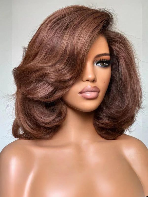 Short Auburn Brown Bob Wavy Human Hair Lace Front Wigs 200% Density Full Wigs