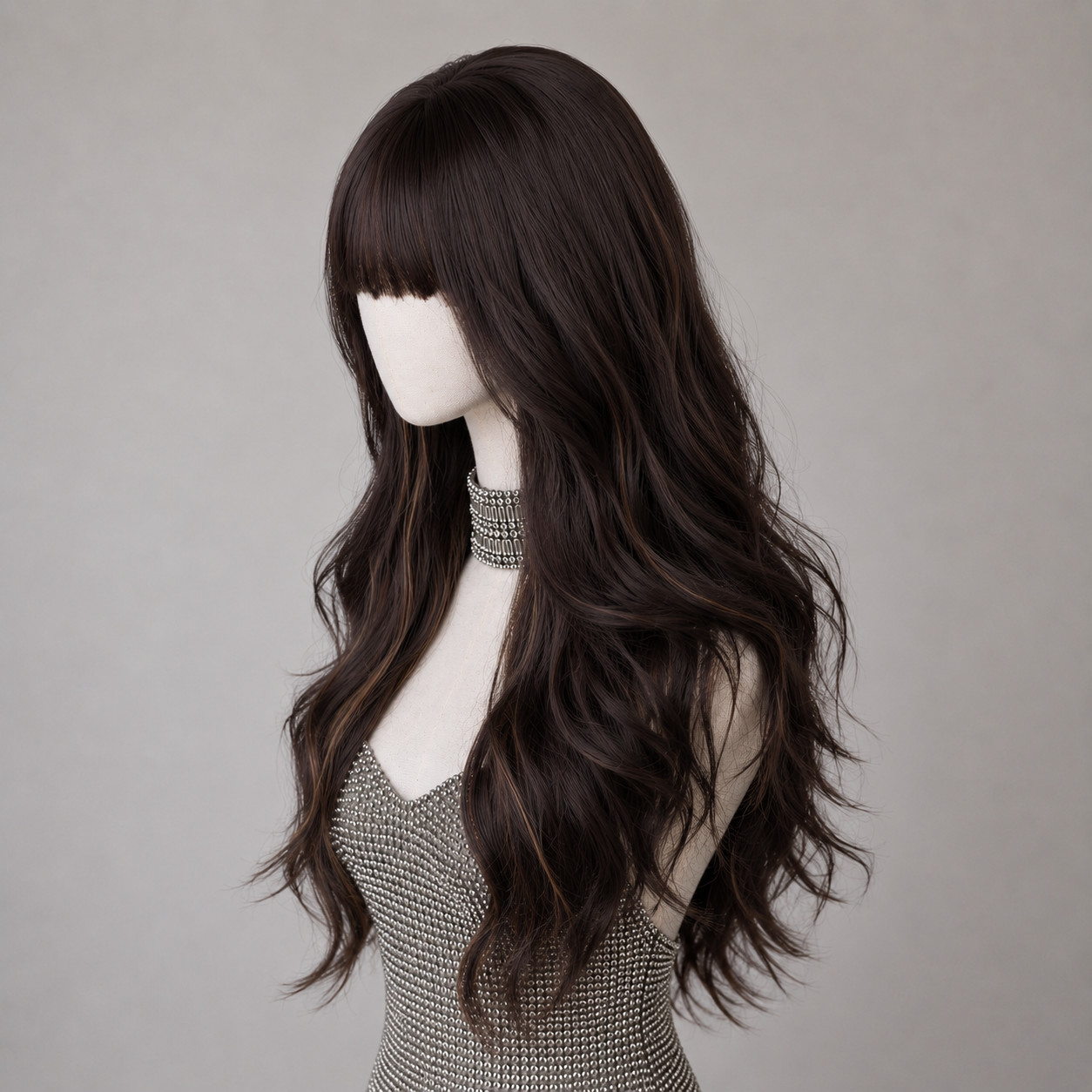 Long Wavy Halloween Cosplay Wigs With Fringe Synthetic Hair Mixed Brown Layered