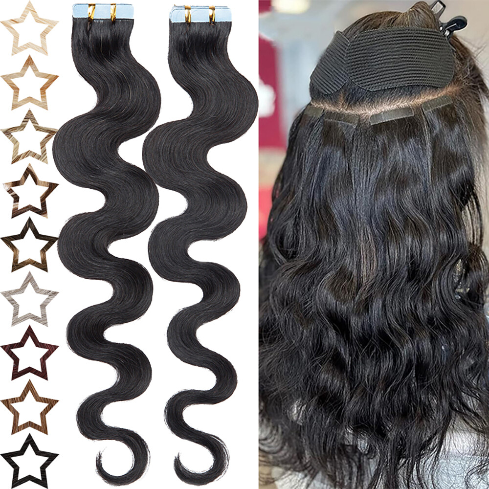 Wavy Adhesive Tape In Russian Remy Human Hair Extensions Hairpiece Thick 100G