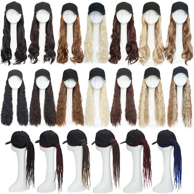 US Women Baseball Cap with Synthetic Wig Long Wavy Full Wigs Hat for Natural Use