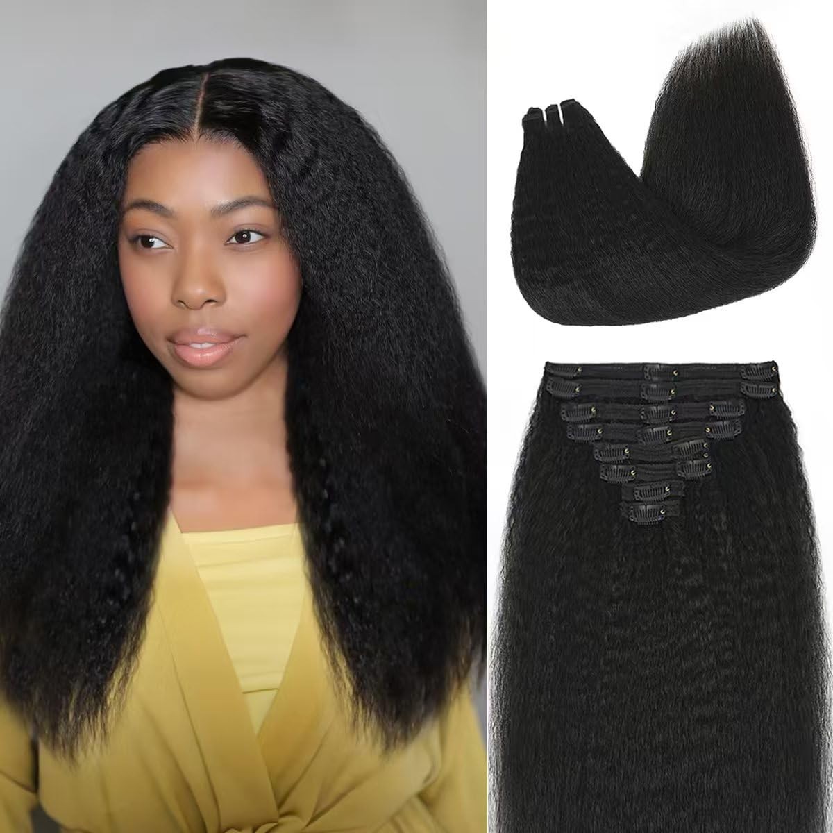 22″ Kinky Straight Clip-In Hair Extensions 120g 8Pcs Double Weft Human Hair Full